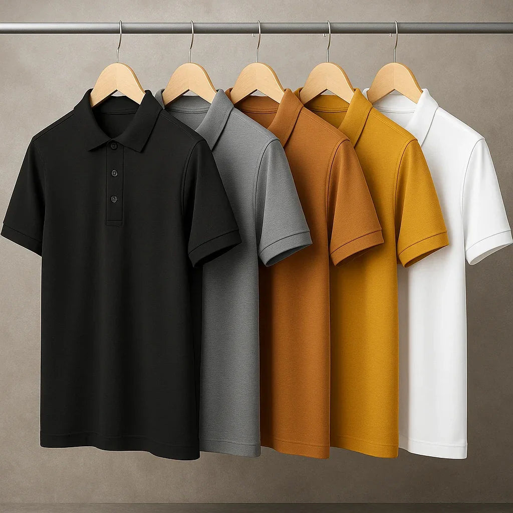 [Leva 5, Paga Só 3!] Camisa Polo Masculina Polirax em Seda Gelo, Poliéster e Spandex + 3 Bermudas e 1 Relógio GRÁTIS