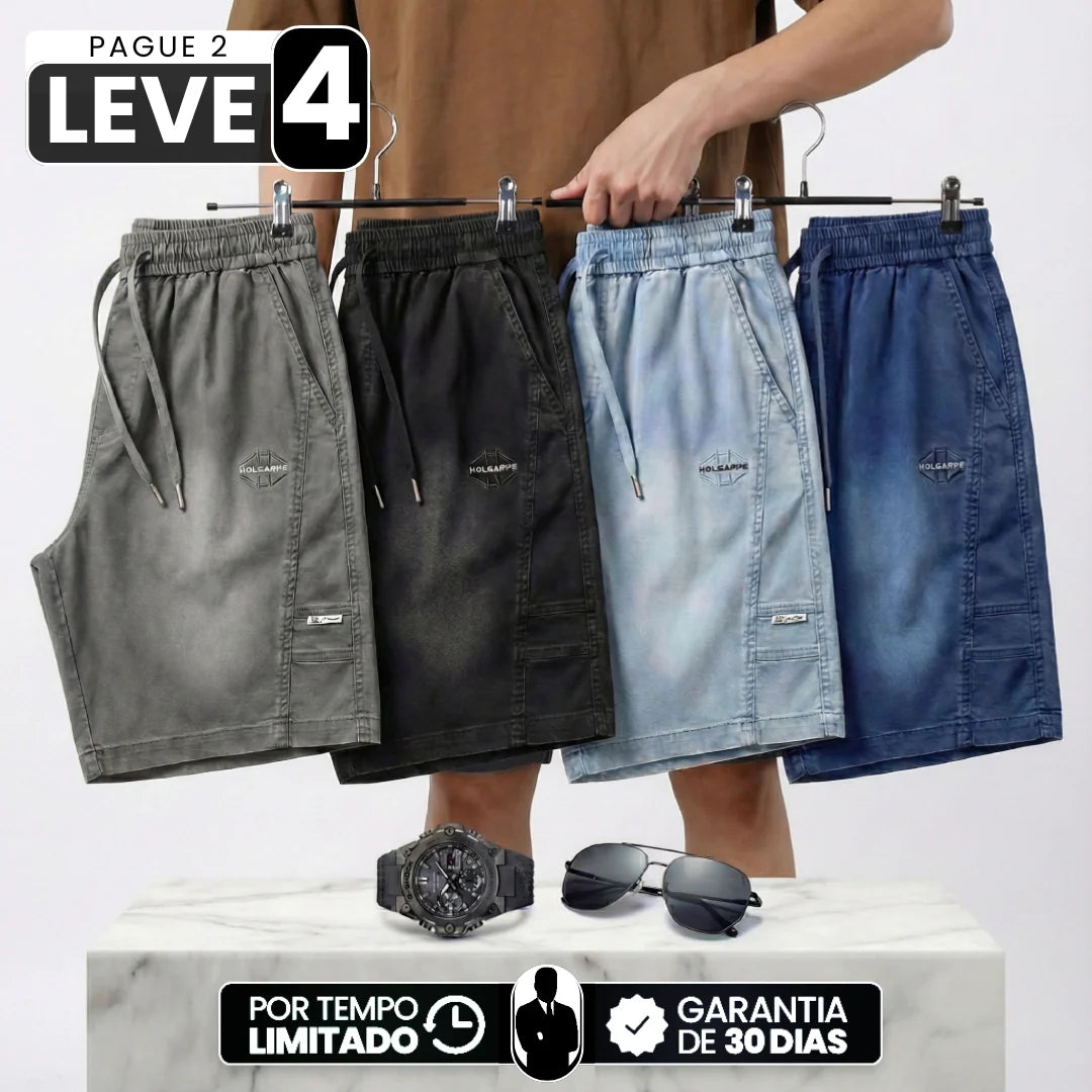 [Leve 4, Pague Só 2!] Bermuda Spartan Masculina em Sarja de Algodão, Poliéster e Elastano de Alta Resistência com Secagem Rápida e Cós Ajustável + BRINDES