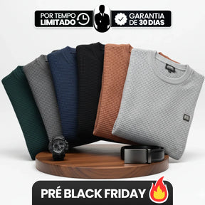 [Leve 6, Pague Só 3] Suéter Masculino Texturizado Sedrax em Malha de Seda Gelo, Viscose e Spandex + BRINDES: Relógio e Cinto