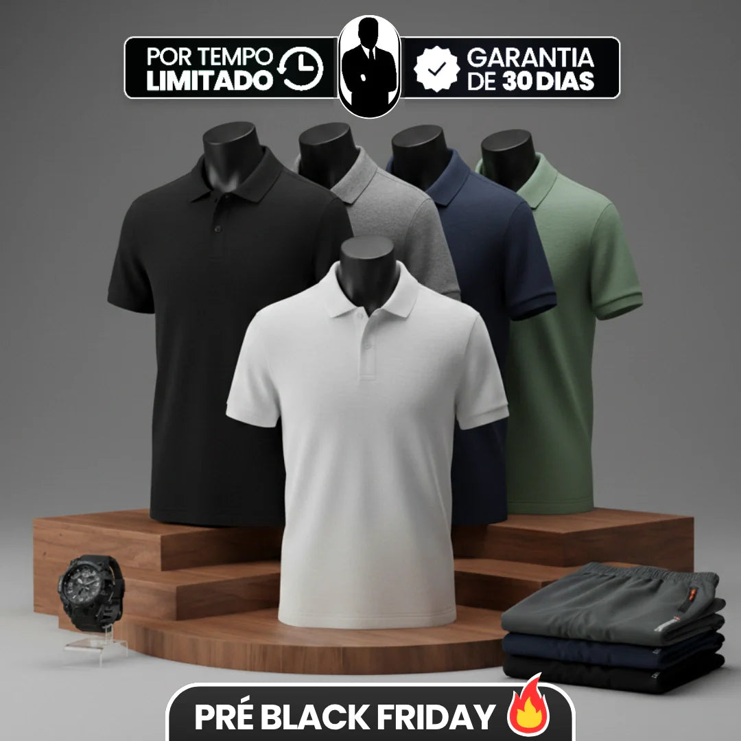[Leva 5, Paga Só 3!] Camisa Polo Masculina Polirax em Seda Gelo, Poliéster e Spandex + 3 Bermudas e 1 Relógio GRÁTIS