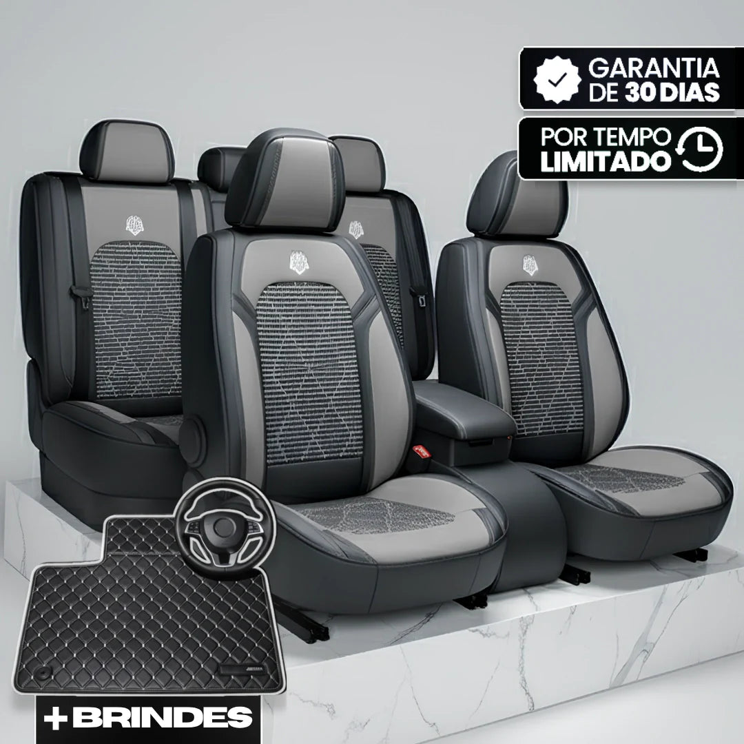 Capa Completa Dominus Automotiva Térmica em Couro Legítimo, Seda Gelada e Malha Extra Forte com Espuma de Memória + Tapete e Capa de Volante GRÁTIS