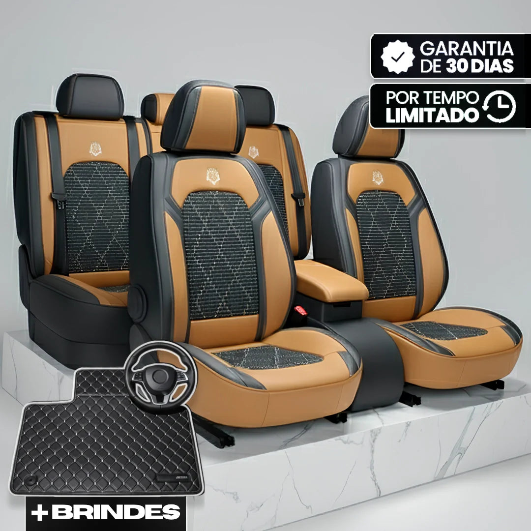 Capa Completa Dominus Automotiva Térmica em Couro Legítimo, Seda Gelada e Malha Extra Forte com Espuma de Memória + Tapete e Capa de Volante GRÁTIS